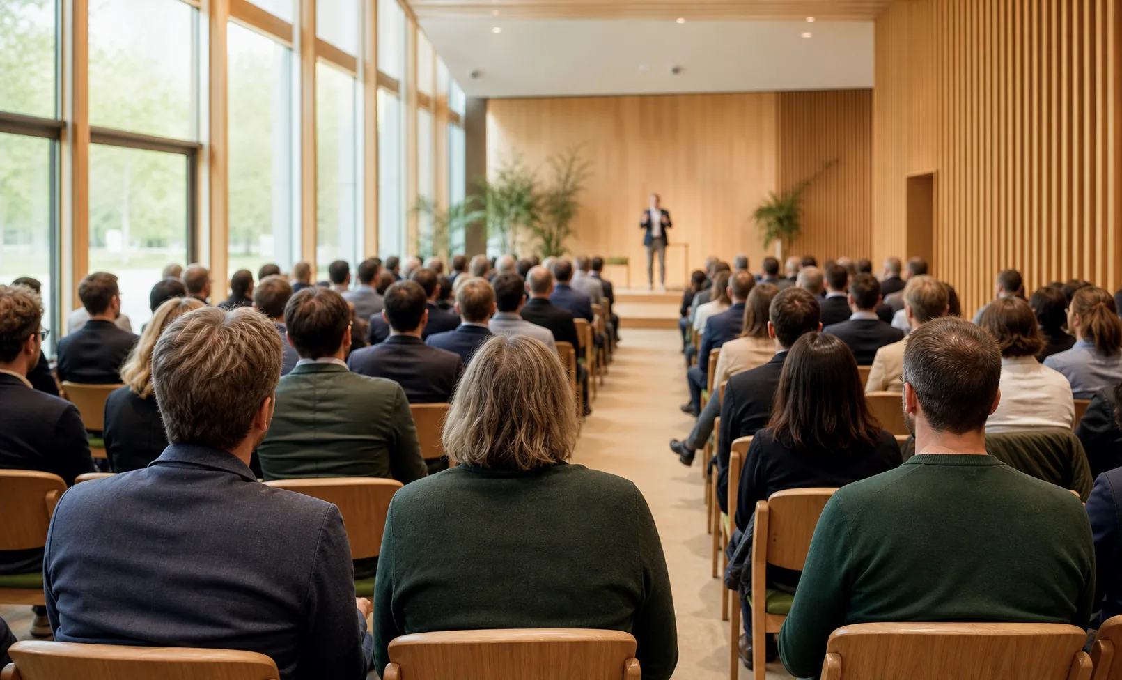 Imagen fotográfica ilustrativa de asistentes escuchando una charla en un auditorio.