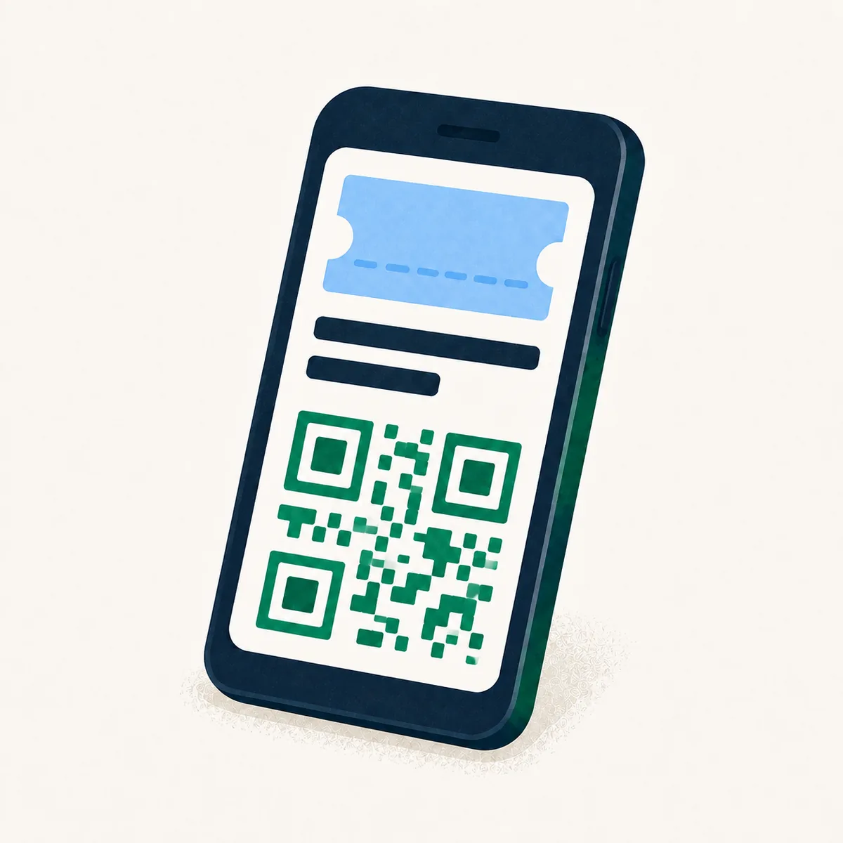 Ilustración conceptual de una entrada digital con QR en un celular en perspectiva.