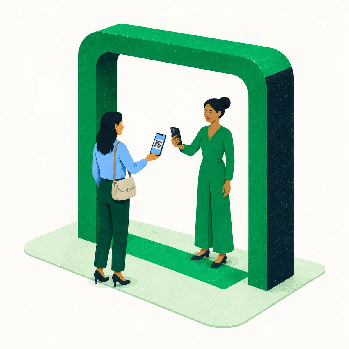 Ilustración de un anfitrión escaneando con su celular el QR de la entrada digital de un asistente.