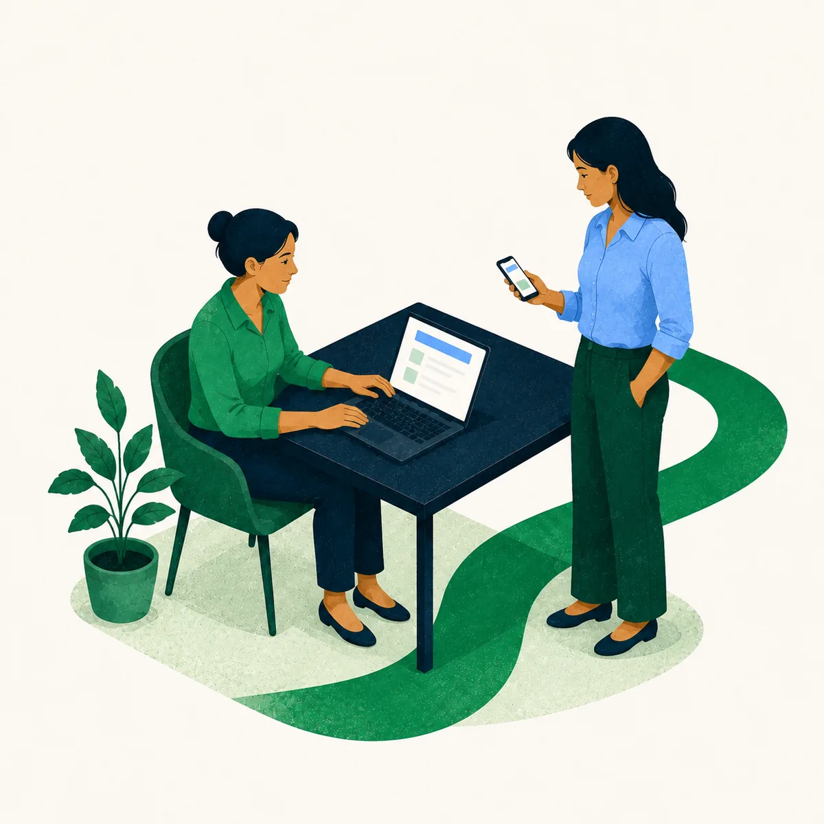 Ilustración de una organizadora revisando cobros en una laptop y una persona comprando desde su celular.