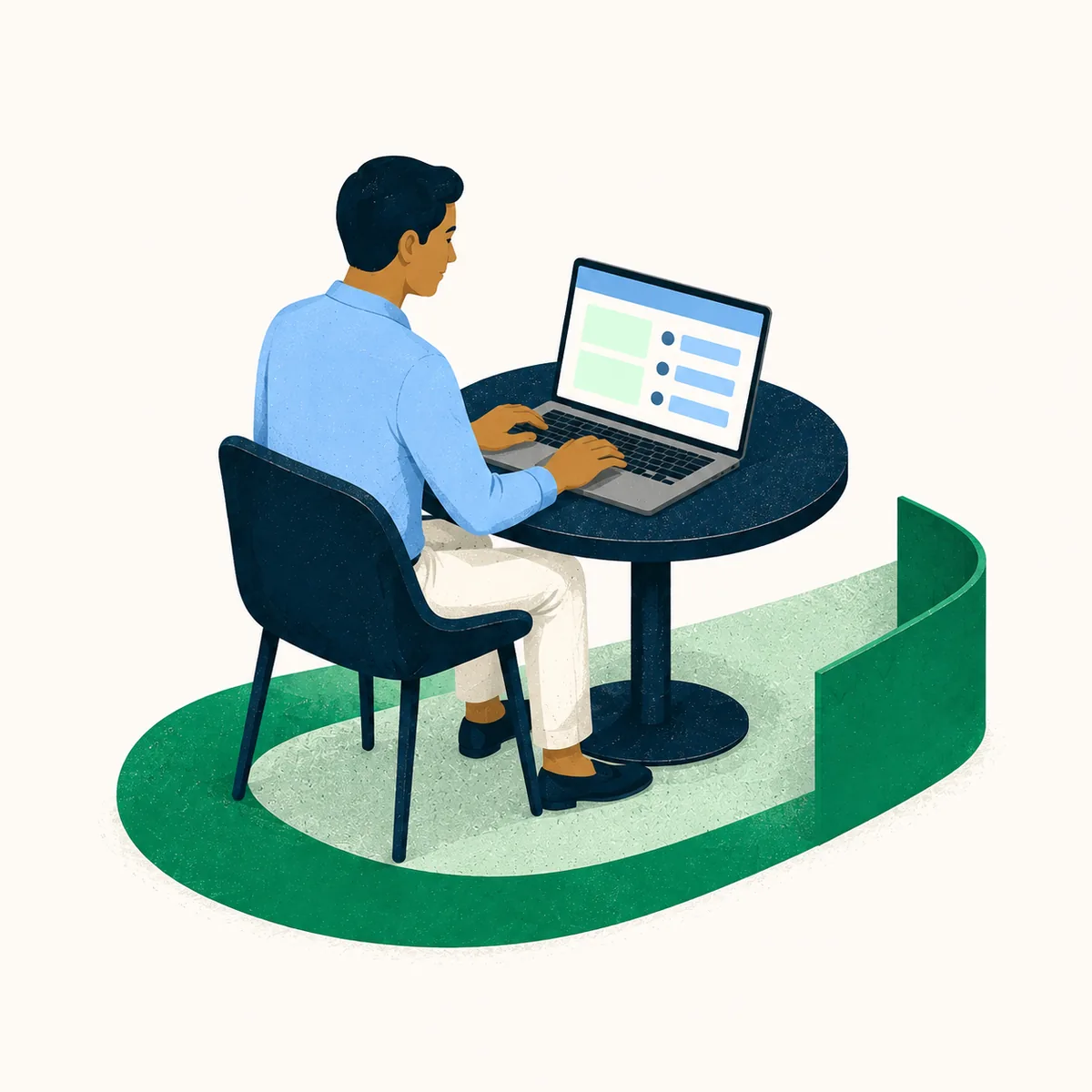 Ilustración de un organizador consultando formularios y datos de asistentes en una laptop.