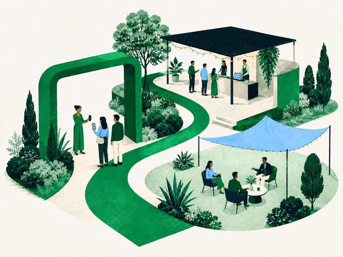 Ilustración de un evento con anfitriones, un puesto de atención digital y acceso con celulares conectados por un recorrido verde con detalles celestes.