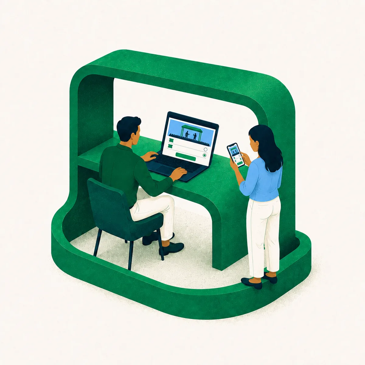 Ilustración de una persona preparando la página de un evento en una laptop y otra eligiendo desde su celular.