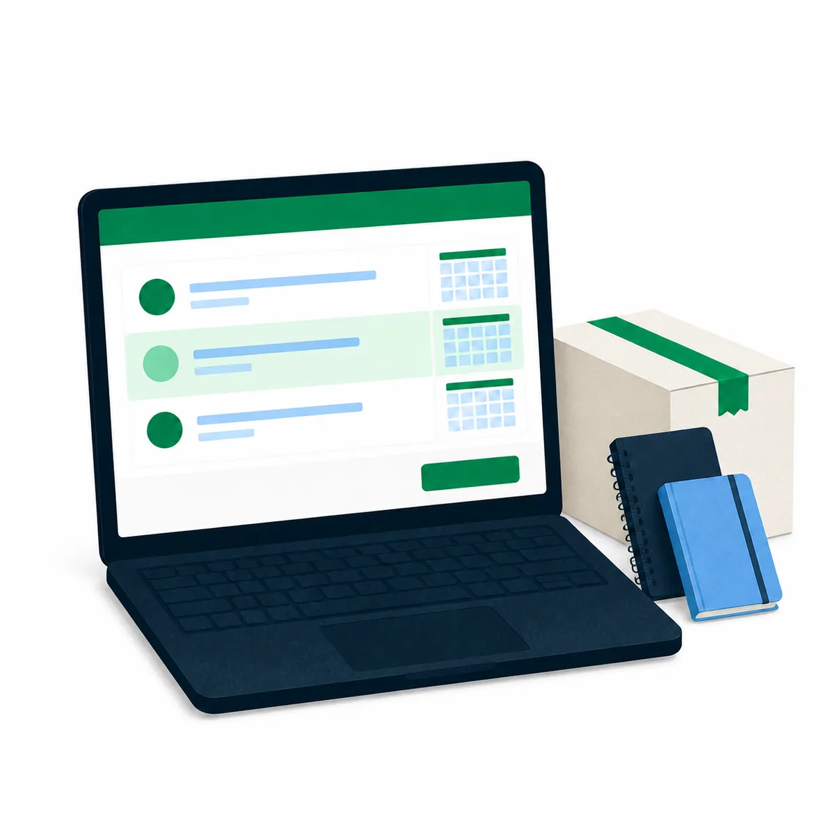 Ilustración conceptual de gestión de proveedores en una laptop junto a una caja de materiales para el colegio.