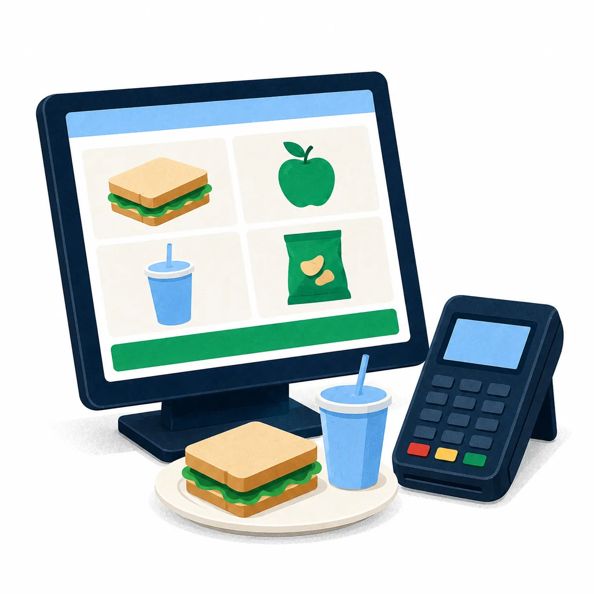 Ilustración conceptual de un punto de venta con monitor, postnet genérico y comida.