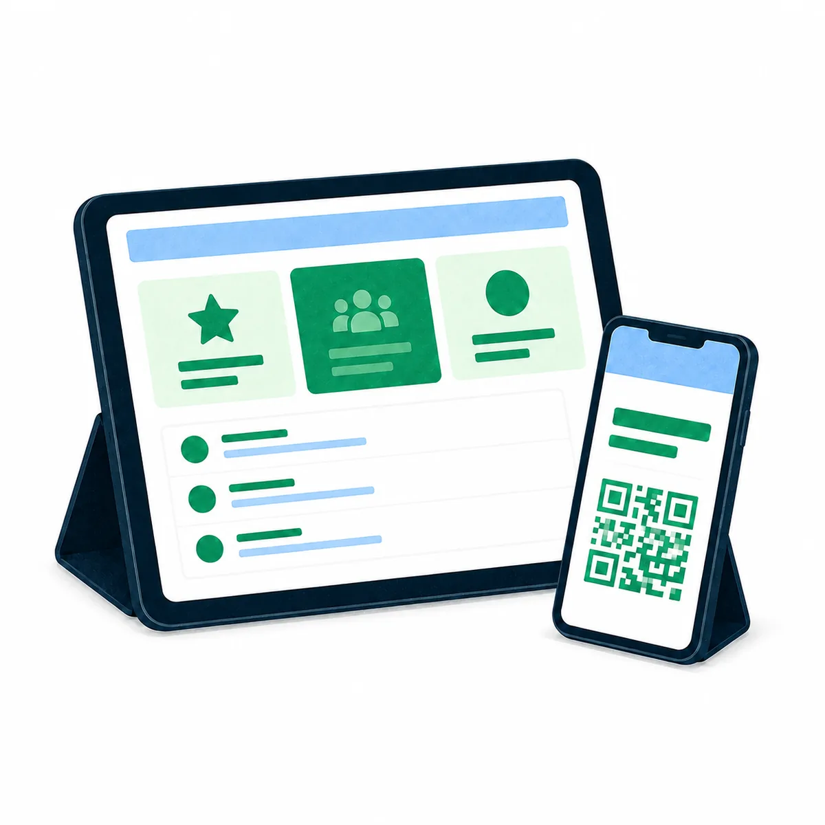 Ilustración conceptual de venta de entradas y registro de asistentes en una tablet, junto a una entrada digital con QR en un celular.