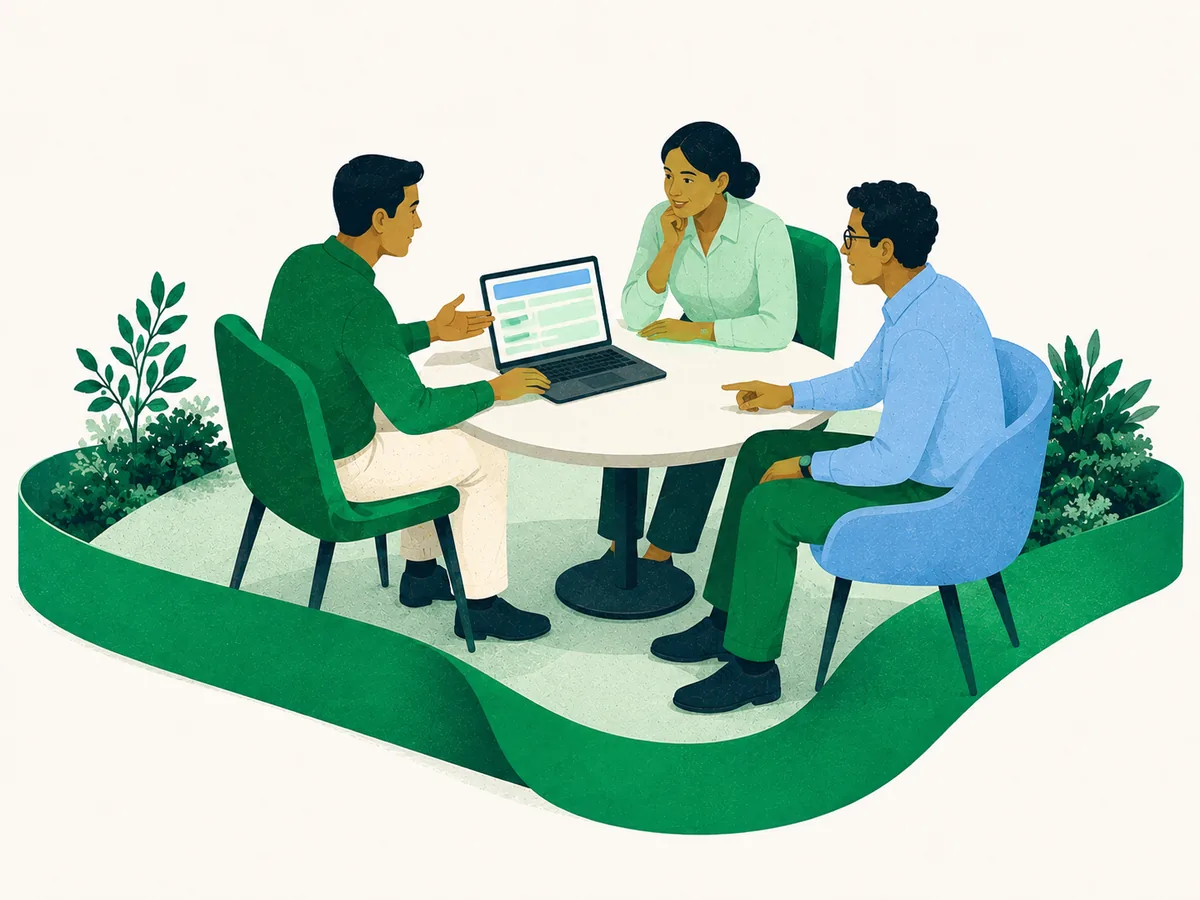 Ilustración de una persona acompañando a dos personas del colegio durante una capacitación con una laptop; interfaz conceptual.