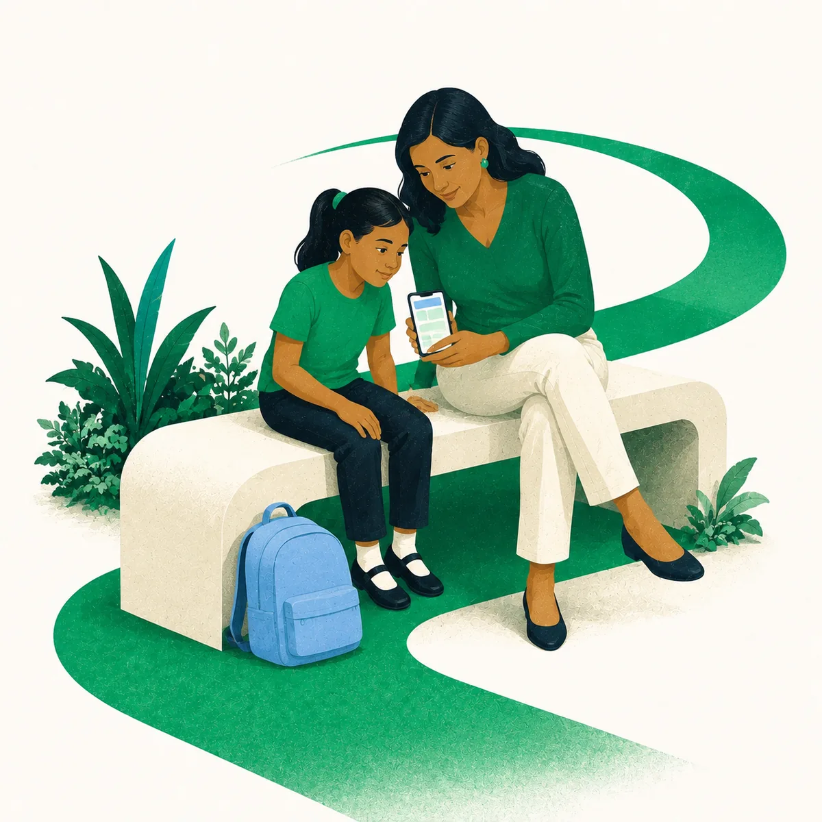 Ilustración de una madre y su hija consultando juntas las novedades del colegio en un celular; interfaz conceptual.