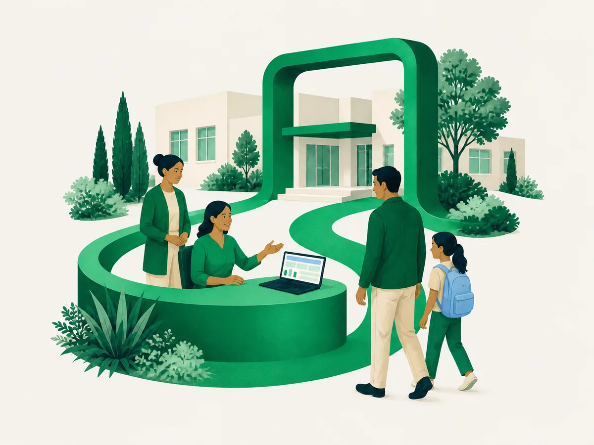 Ilustración de la comunidad escolar: una administradora y una docente reciben a una familia en el colegio, con una laptop de apoyo.